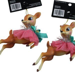 Reindeer Christmas Shoppe Ornaments Tutu Retro Style Set Deer Teal Bow Pink NWT